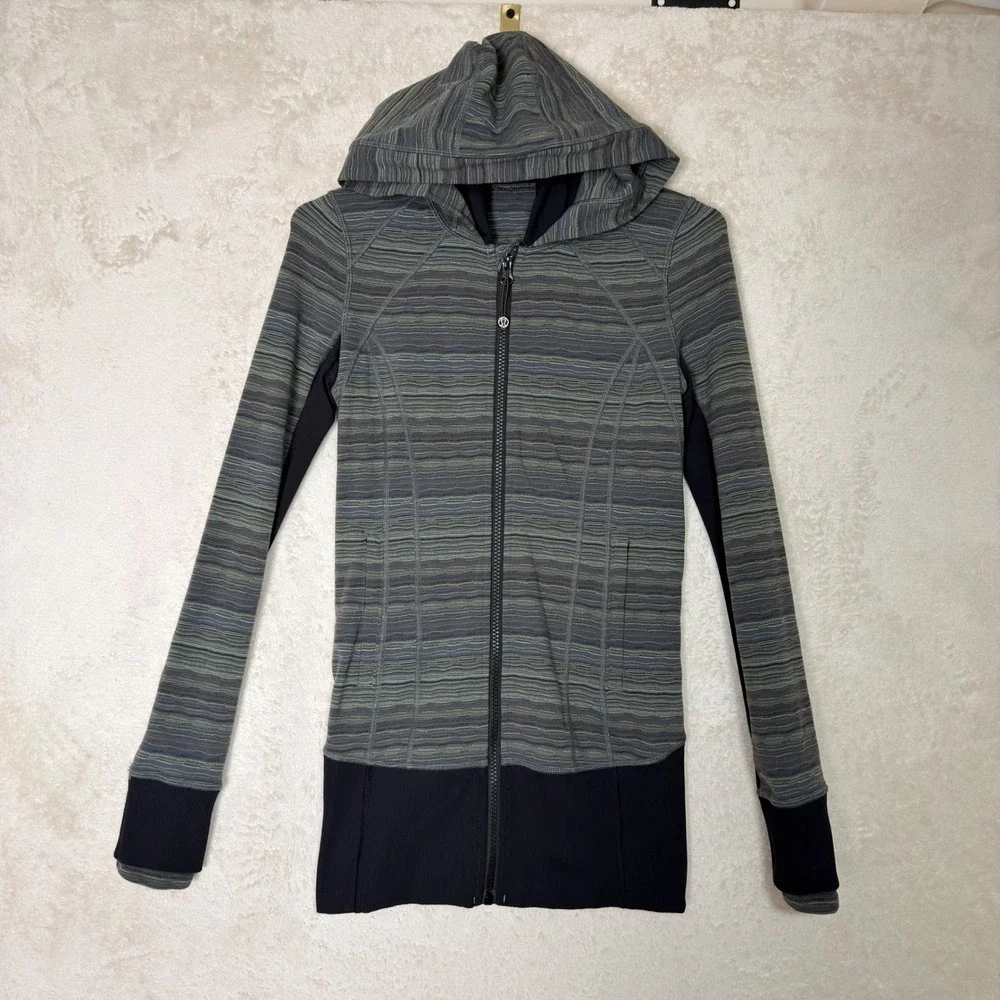Vintage Lululemon Stride Jacket Green Grey Striped Full Zip Hoodie Size 2
